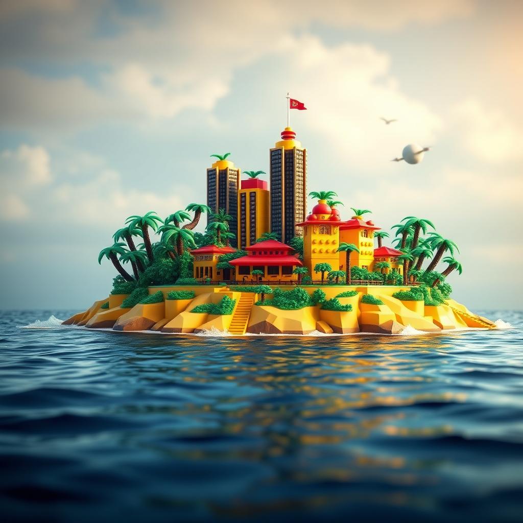 A whimsical and vibrant tropical LEGO island surrounded by water, captured in a distant view to emphasize its isolation