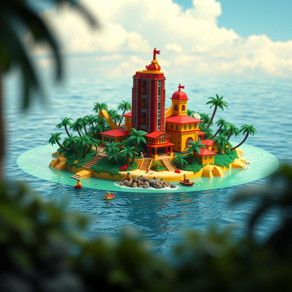 A whimsical and vibrant tropical LEGO island surrounded by water, captured in a distant view to emphasize its isolation