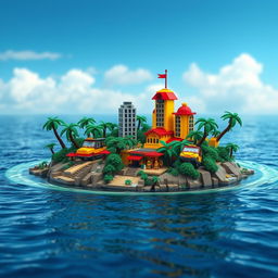 A whimsical and vibrant tropical LEGO island surrounded by water, captured in a distant view to emphasize its isolation