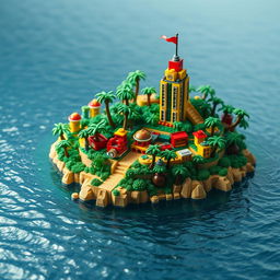 A whimsical and vibrant tropical LEGO island surrounded by water, captured in a distant view to emphasize its isolation