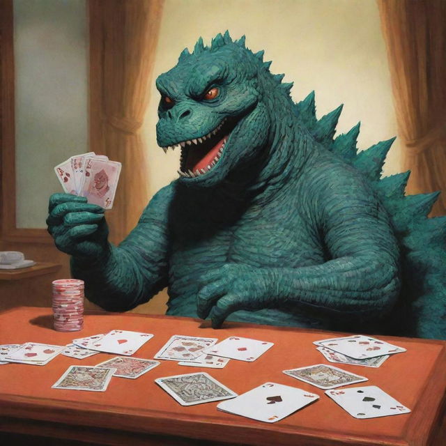 A whimsical take on the legendary monster, Godzilla, portrayed in a relaxed setting, deeply engaged in a casual game of cards.