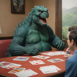 A whimsical take on the legendary monster, Godzilla, portrayed in a relaxed setting, deeply engaged in a casual game of cards.