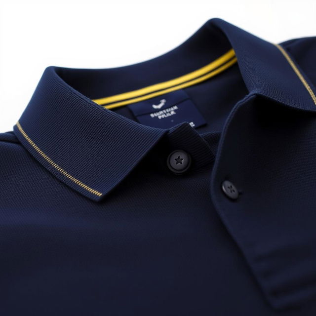 Close-up of a navy polo shirt with a distinctive yellow stripe on the inner collar