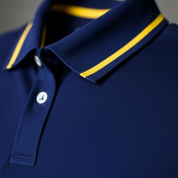 Close-up of a navy polo shirt with a distinctive yellow stripe on the inner collar