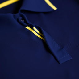 Close-up of a navy polo shirt with a distinctive yellow stripe on the inner collar