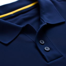 Close-up of a navy polo shirt with a distinctive yellow stripe on the inner collar