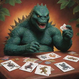 A whimsical take on the legendary monster, Godzilla, portrayed in a relaxed setting, deeply engaged in a casual game of cards.