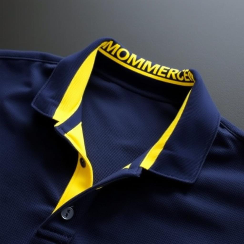 Close-up of a navy polo shirt with a distinctive yellow stripe on the inner collar