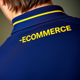 Close-up of a navy polo shirt with a distinctive yellow stripe on the inner collar