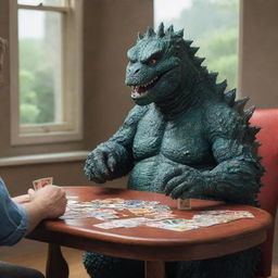 A whimsical take on the legendary monster, Godzilla, portrayed in a relaxed setting, deeply engaged in a casual game of cards.