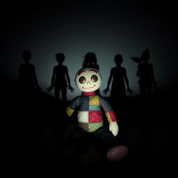 A plush voodoo doll sits in the center of the image, its stitched features giving it a handmade feel