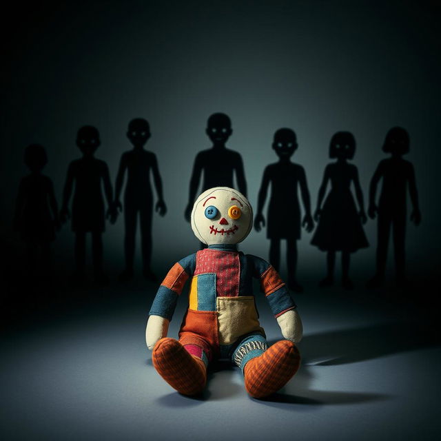 A plush voodoo doll sits in the center of the image, its stitched features giving it a handmade feel