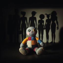 A plush voodoo doll sits in the center of the image, its stitched features giving it a handmade feel