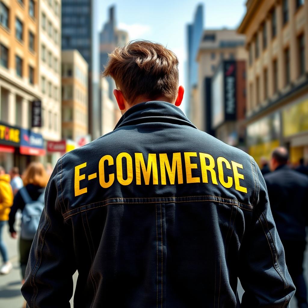 A vibrant and stylish design featuring the text 'E-COMMERCE' in bright yellow, prominently displayed on the upper back of a modern-day person