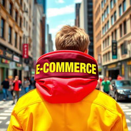 A vibrant and stylish design featuring the text 'E-COMMERCE' in bright yellow, prominently displayed on the upper back of a modern-day person