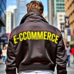 A vibrant and stylish design featuring the text 'E-COMMERCE' in bright yellow, prominently displayed on the upper back of a modern-day person