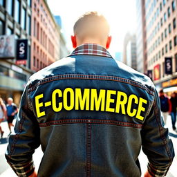 A vibrant and stylish design featuring the text 'E-COMMERCE' in bright yellow, prominently displayed on the upper back of a modern-day person