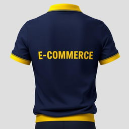 A realistic depiction of a navy polo shirt featuring a unique design element: a yellow stripe adorning both the collar and the waistband