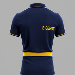 A realistic depiction of a navy polo shirt featuring a unique design element: a yellow stripe adorning both the collar and the waistband