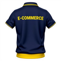 A realistic depiction of a navy polo shirt featuring a unique design element: a yellow stripe adorning both the collar and the waistband