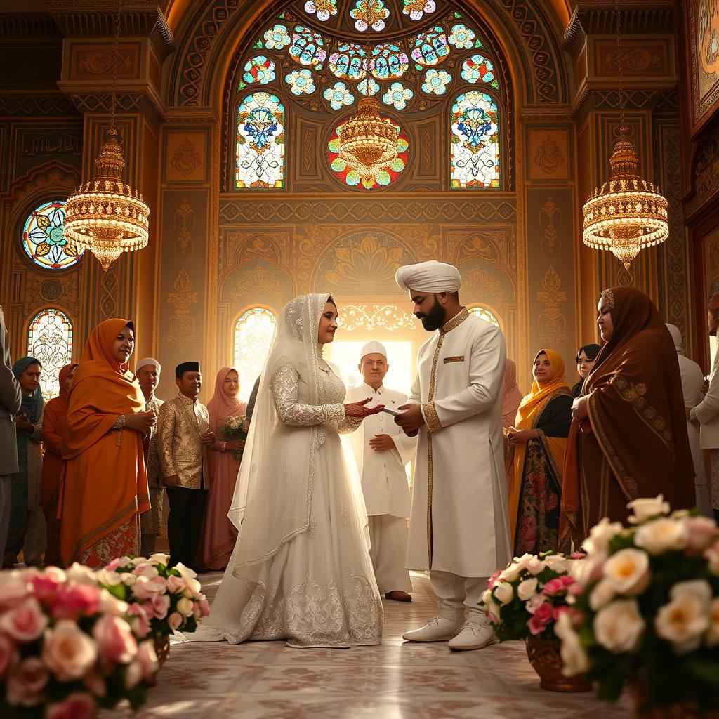 A traditional Islamic wedding ceremony taking place in an opulently decorated mosque