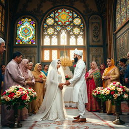 A traditional Islamic wedding ceremony taking place in an opulently decorated mosque