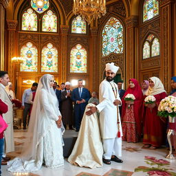 A traditional Islamic wedding ceremony taking place in an opulently decorated mosque