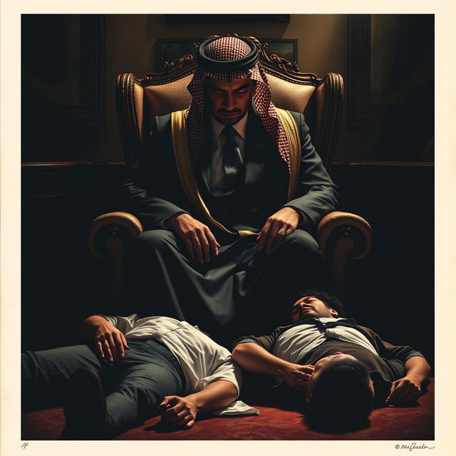 A movie poster featuring a Saudi businessman, positioned in a shoulder shot, giving an intense and mysterious aura