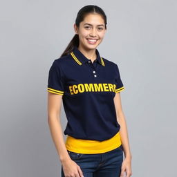 A young woman wearing a navy polo shirt featuring a unique design element: a yellow stripe adorning both the collar and the waistband