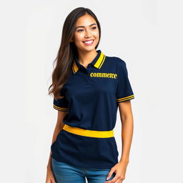 A young woman wearing a navy polo shirt featuring a unique design element: a yellow stripe adorning both the collar and the waistband