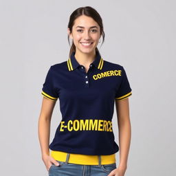 A young woman wearing a navy polo shirt featuring a unique design element: a yellow stripe adorning both the collar and the waistband