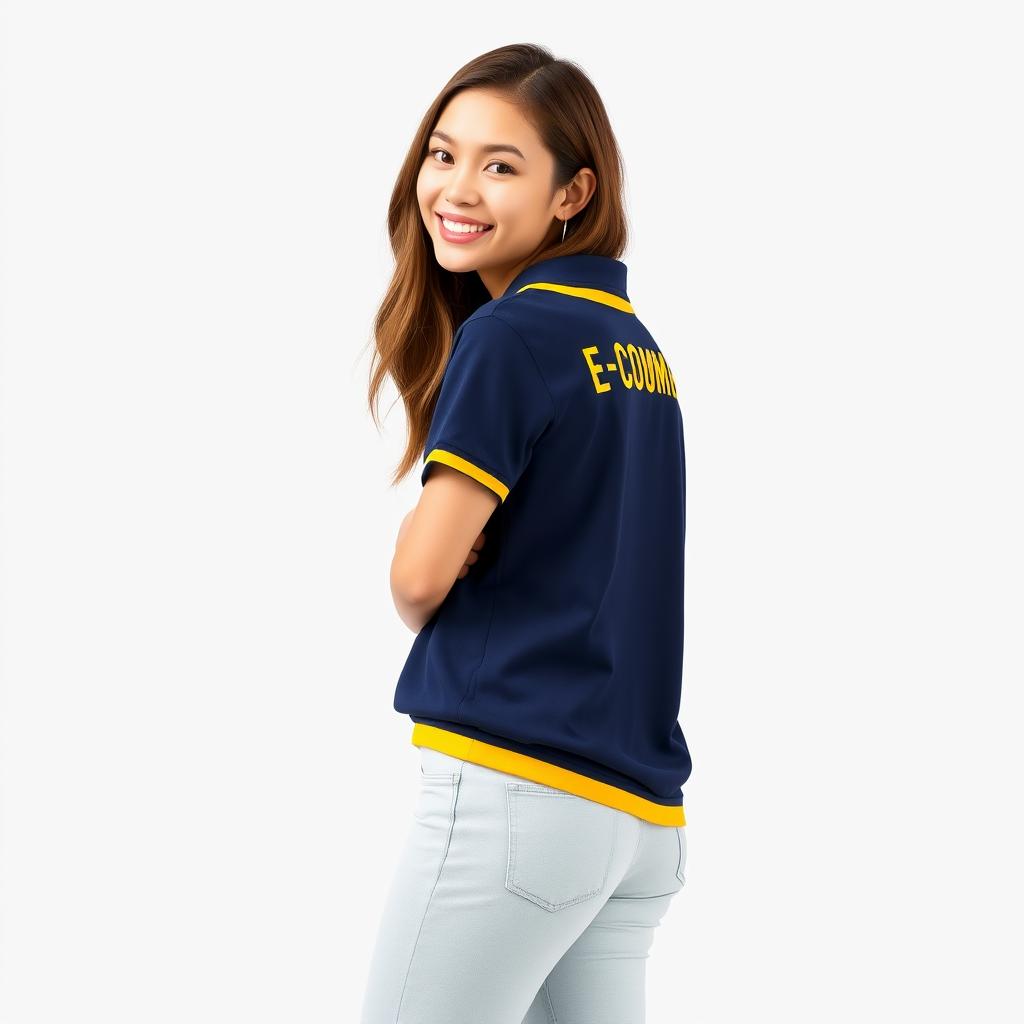 A young woman wearing a navy polo shirt featuring a unique design element: a yellow stripe adorning both the collar and the waistband