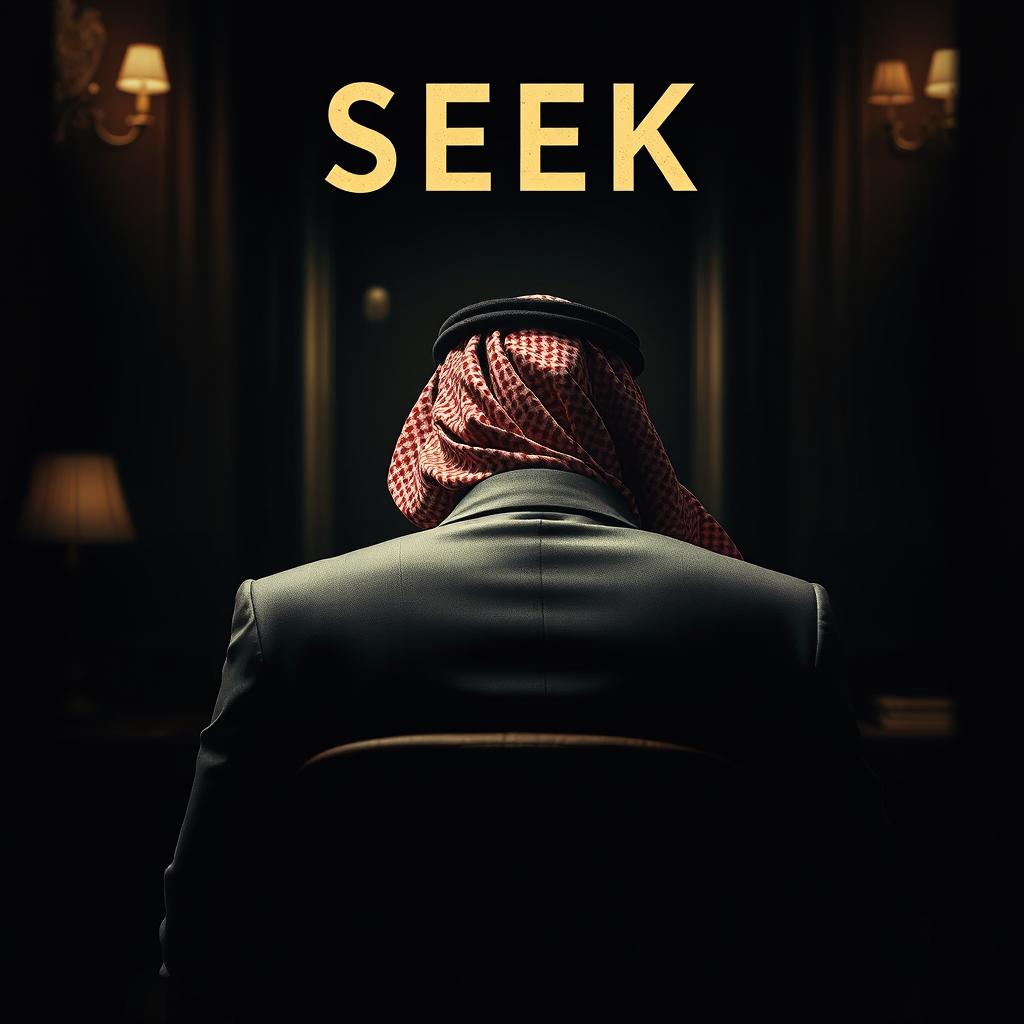 A movie poster titled "SEEK," featuring a dramatic shoulder shot from behind a Saudi businessman, exuding authority and mystery