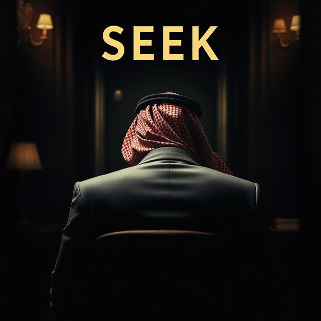 A movie poster titled "SEEK," featuring a dramatic shoulder shot from behind a Saudi businessman, exuding authority and mystery