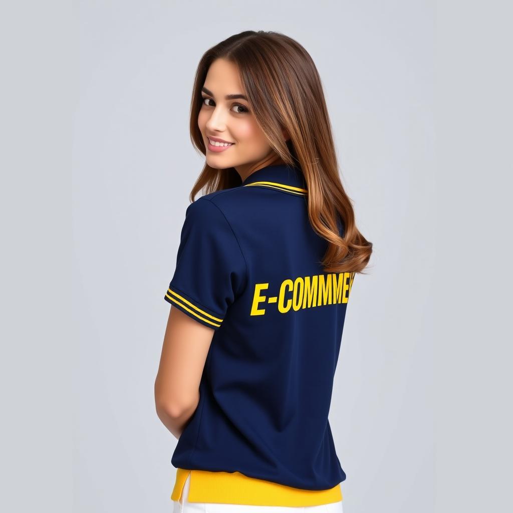 A beautiful young woman wearing a navy polo shirt featuring a yellow stripe on the collar and waistband