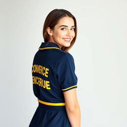 A beautiful young woman wearing a navy polo shirt featuring a yellow stripe on the collar and waistband