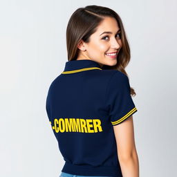 A beautiful young woman wearing a navy polo shirt featuring a yellow stripe on the collar and waistband