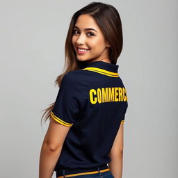 A beautiful young woman wearing a navy polo shirt featuring a yellow stripe on the collar and waistband