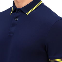 A classic navy blue polo shirt featuring a distinct list yellow trim along the collar and sleeve band, showcasing a clean and modern look