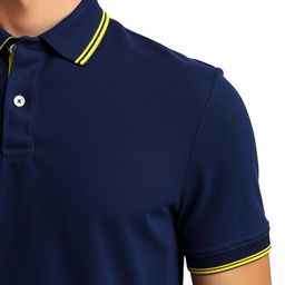 A classic navy blue polo shirt featuring a distinct list yellow trim along the collar and sleeve band, showcasing a clean and modern look