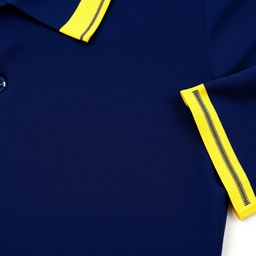 A classic navy blue polo shirt featuring a distinct list yellow trim along the collar and sleeve band, showcasing a clean and modern look