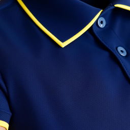 A classic navy blue polo shirt featuring a distinct list yellow trim along the collar and sleeve band, showcasing a clean and modern look