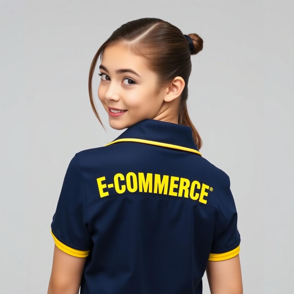 A beautiful girl wearing the navy polo shirt with yellow accents on the collar and ban