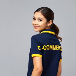 A beautiful girl wearing the navy polo shirt with yellow accents on the collar and ban