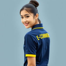 A beautiful girl wearing the navy polo shirt with yellow accents on the collar and ban