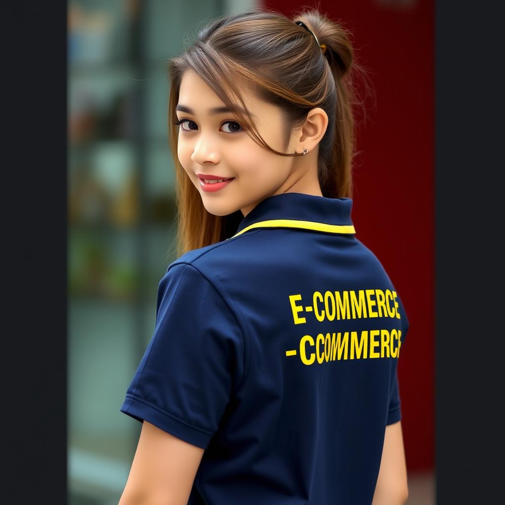 A beautiful girl wearing the navy polo shirt with yellow accents on the collar and ban