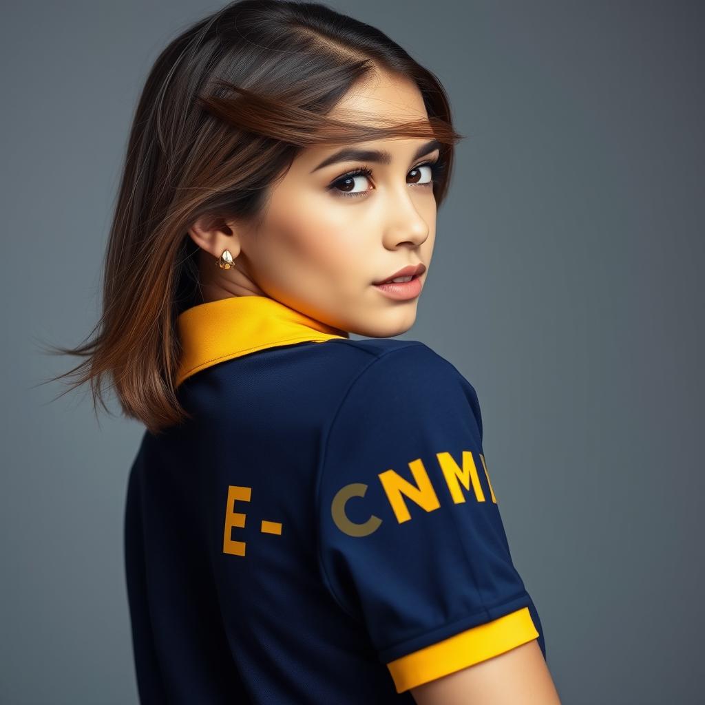 A very beautiful girl wearing the navy polo shirt with yellow accents on the collar and ban, looking back over her shoulder