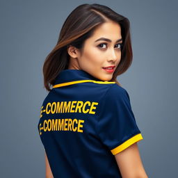 A very beautiful girl wearing the navy polo shirt with yellow accents on the collar and ban, looking back over her shoulder