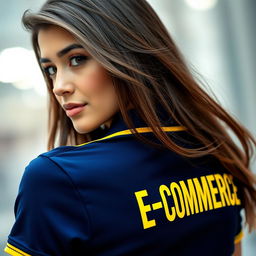 A very beautiful girl wearing the navy polo shirt with yellow accents on the collar and ban, looking back over her shoulder