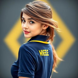 A very beautiful girl wearing the navy polo shirt with yellow accents on the collar and ban, looking back over her shoulder